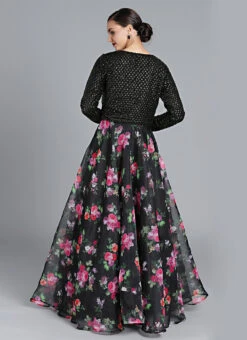 Black Digital Printed Gown With Jacket Party Wear -Indo Clothing Shop Custom Made Black Digital Printed Gown with Jacket IWBS1809086 b