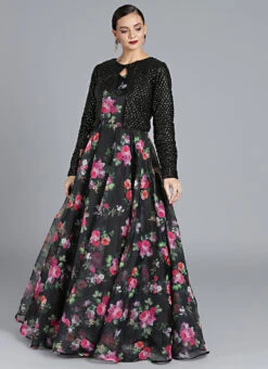 Black Digital Printed Gown With Jacket Party Wear -Indo Clothing Shop Custom Made Black Digital Printed Gown with Jacket IWBS1809086 u