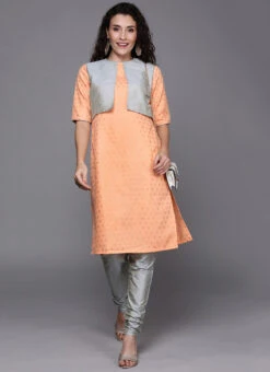 Peach Jacket Style Top And Bottom Festive Wear -Indo Clothing Shop Custom Made Peach Jacket Style Top and Bottom KSBS01908661 u
