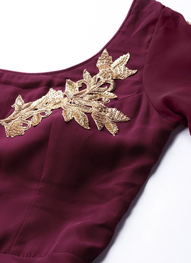 Embroidered Burgundy Georgette Gown Festive Wear 5 Embroidered Burgundy Georgette Gown Festive Wear - Image 5
