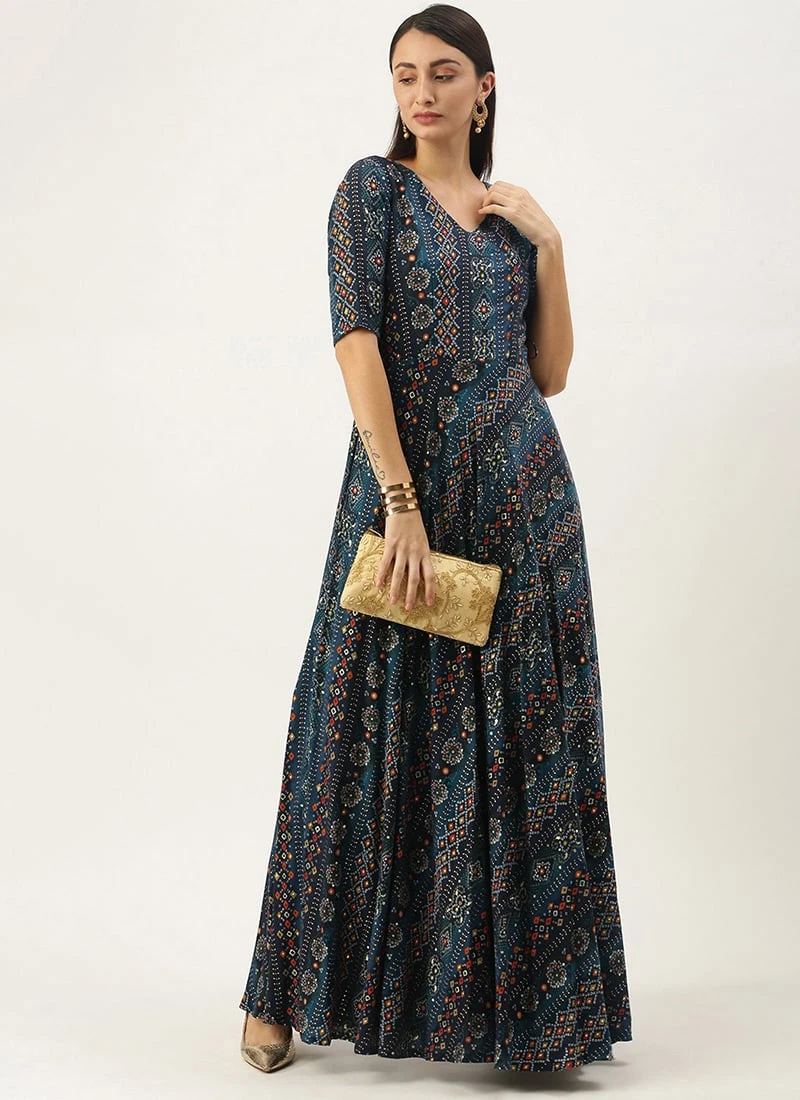 Dark Blue Printed Angarkha Gown Festive Wear 3 Dark Blue Printed Angarkha Gown Festive Wear - Image 3