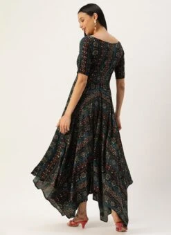 Dark Blue Printed Handkerchief Style Dress Festive Wear -Indo Clothing Shop Dark Blue Printed Handkerchief Style Dress DRBS02110944 b