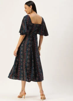 Dark Blue Printed Viscose Dress After Six Wear -Indo Clothing Shop Dark Blue Printed Viscose Dress DRBS02110828 b