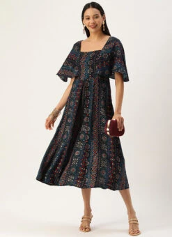 Dark Blue Printed Viscose Dress After Six Wear -Indo Clothing Shop Dark Blue Printed Viscose Dress DRBS02110828 u