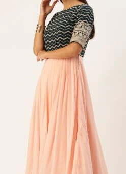 Dark Green Georgette Embroidered N Peach Gown Festive Wear