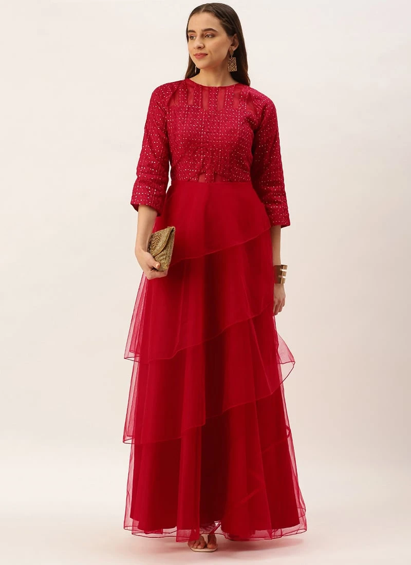 Dark Red Georgette Embroidered Layered Gown Party Wear 3 Dark Red Georgette Embroidered Layered Gown Party Wear - Image 3