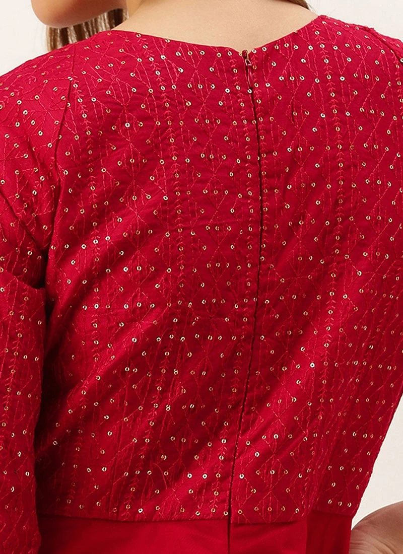 Dark Red Georgette Embroidered Layered Gown Party Wear 6 Dark Red Georgette Embroidered Layered Gown Party Wear - Image 6