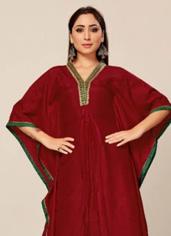 Wine Dola Silk Embroidered Kaftan Work Wear 7 Wine Dola Silk Embroidered Kaftan Work Wear -Indo Clothing Shop Deep Pink Dola Silk Embroidered Kaftan KRSAKF1105 b