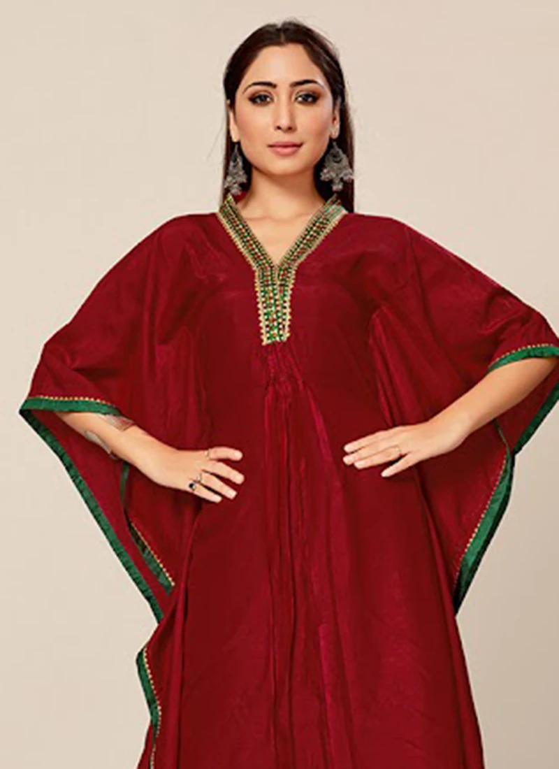Wine Dola Silk Embroidered Kaftan Work Wear 4 Wine Dola Silk Embroidered Kaftan Work Wear - Image 4