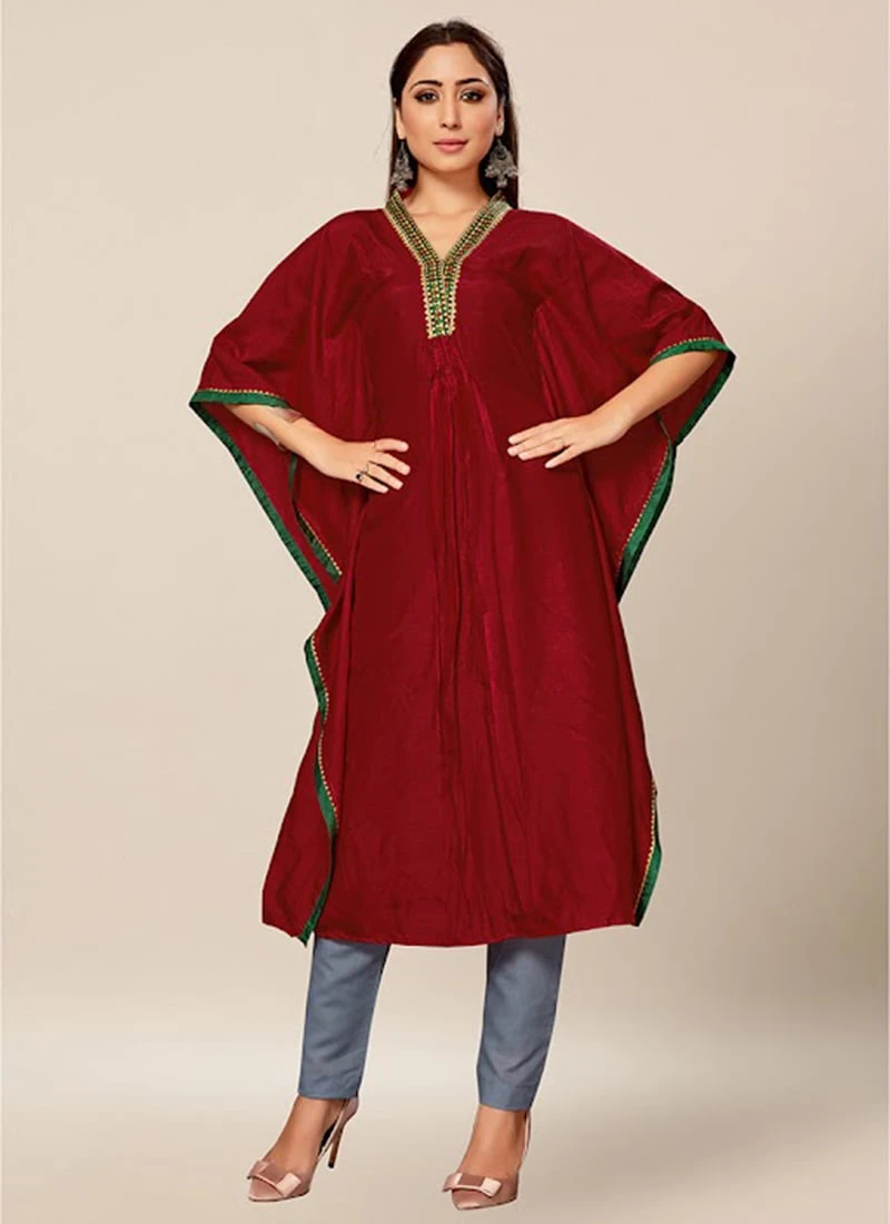 Wine Dola Silk Embroidered Kaftan Work Wear 3 Wine Dola Silk Embroidered Kaftan Work Wear - Image 3
