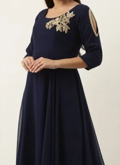 Embroidered Navy Blue Georgette Gown Festive Wear