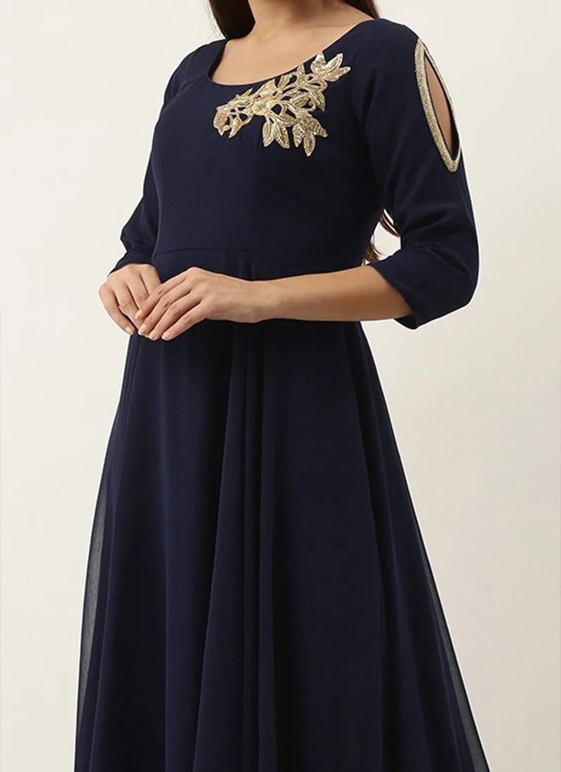 Embroidered Navy Blue Georgette Gown Festive Wear 1 Embroidered Navy Blue Georgette Gown Festive Wear