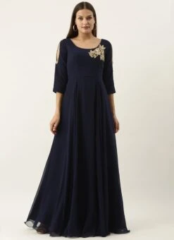 Embroidered Navy Blue Georgette Gown Festive Wear 10 Embroidered Navy Blue Georgette Gown Festive Wear -Indo Clothing Shop Embroidered Navy Blue Georgette Gown IWBS02201271 u