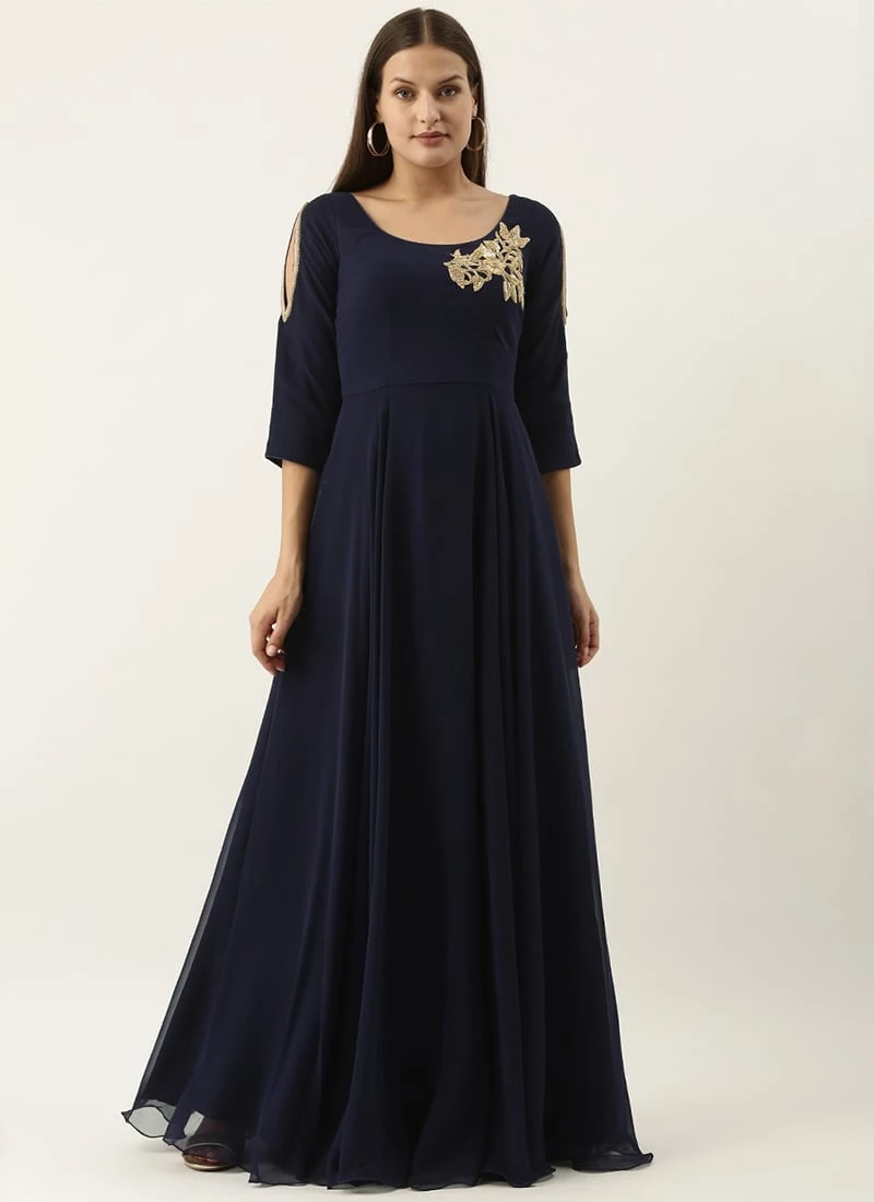 Embroidered Navy Blue Georgette Gown Festive Wear 3 Embroidered Navy Blue Georgette Gown Festive Wear - Image 3