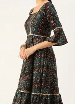 Fit N Flare Dark Blue Printed Dress Festive Wear After Six Wear