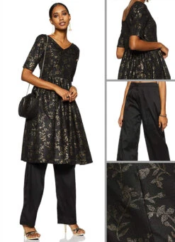 Foil Printed Black Rayon Kurta Wide Leg Pant Set After Six Wear -Indo Clothing Shop Foil Printed Black Rayon Kurta Wide Leg Pant Set KSBS01908699 gl