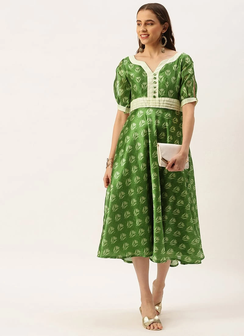 Green Art Silk Digital Printed Dress Festive Wear 3 Green Art Silk Digital Printed Dress Festive Wear - Image 3
