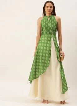 Green Art Silk Digital Printed Halter Neck Dress Festive Wear -Indo Clothing Shop Green Art Silk Digital Printed Halter Neck Dress DRBS02210996 u
