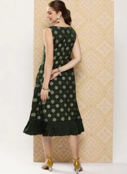 Green Art Silk Foil Print Dress After Six Wear -Indo Clothing Shop Green Art Silk Foil Print Dress DRBS02301118 b