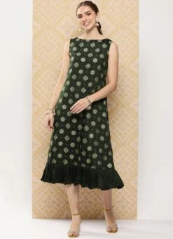 Green Art Silk Foil Print Dress After Six Wear -Indo Clothing Shop Green Art Silk Foil Print Dress DRBS02301118 u