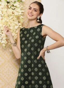 Green Art Silk Foil Print Dress After Six Wear -Indo Clothing Shop Green Art Silk Foil Print Dress DRBS02301118 rrc1