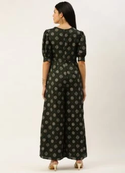 Green Art Silk Foil Print Jumpsuit Festive Wear -Indo Clothing Shop Green Art Silk Foil Print Jumpsuit DRBS02302438 b