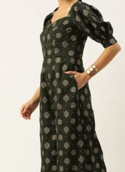 Green Art Silk Foil Print Jumpsuit Festive Wear