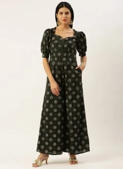 Green Art Silk Foil Print Jumpsuit Festive Wear -Indo Clothing Shop Green Art Silk Foil Print Jumpsuit DRBS02302438 u