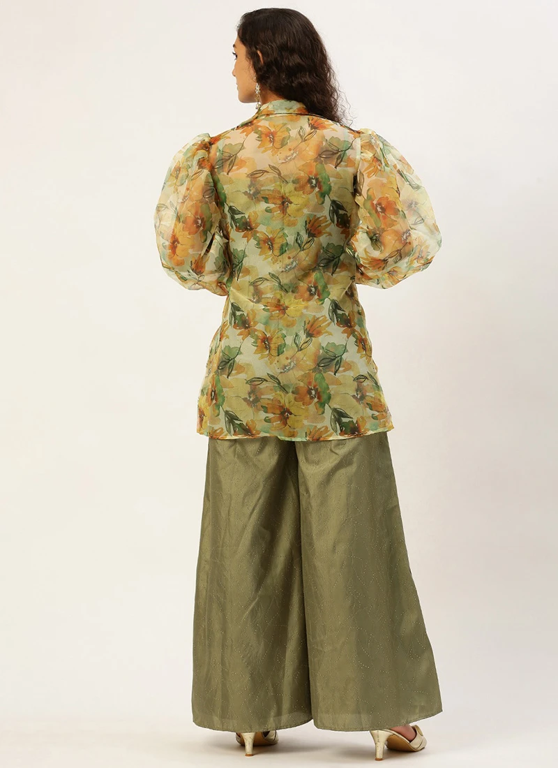 Green Art Silk Jumpsuit N Yellow Organza Jacket After Six Wear 4 Green Art Silk Jumpsuit N Yellow Organza Jacket After Six Wear - Image 4