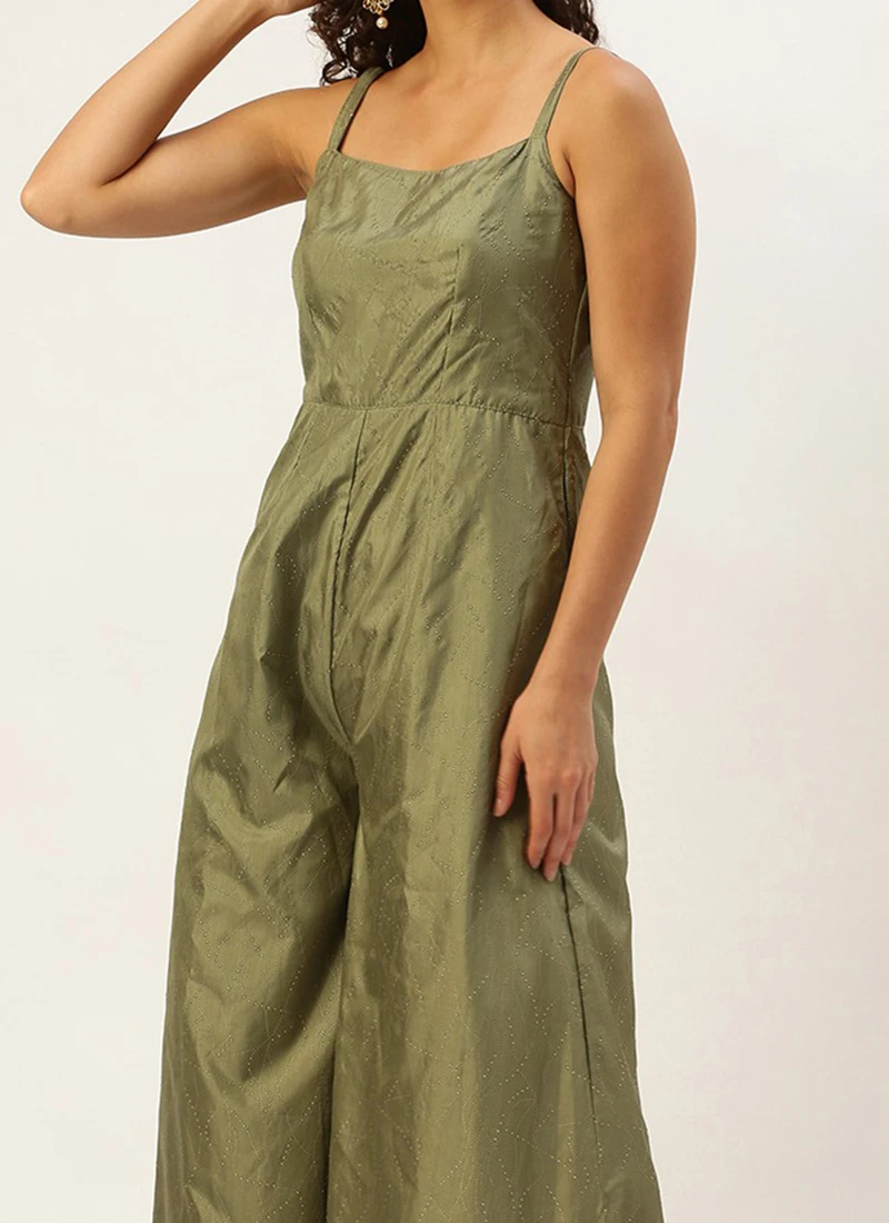 Green Art Silk Jumpsuit N Yellow Organza Jacket After Six Wear 1 Green Art Silk Jumpsuit N Yellow Organza Jacket After Six Wear