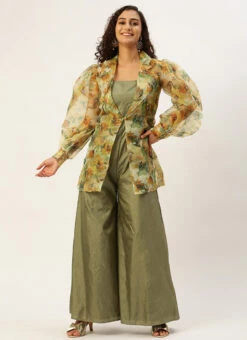 Green Art Silk Jumpsuit N Yellow Organza Jacket After Six Wear 10 Green Art Silk Jumpsuit N Yellow Organza Jacket After Six Wear -Indo Clothing Shop Green Art Silk Jumpsuit N Yellow Organza Jacket DRBS02301065 u
