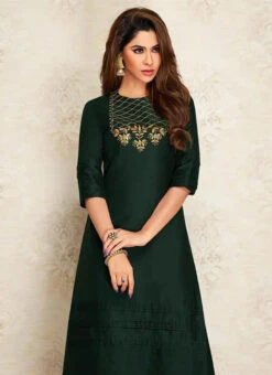 Green Art Silk Kurta Palazzo Set Work Wear -Indo Clothing Shop Green Art Silk Kurta Palazzo Set KRSDMF1064TBEBG b