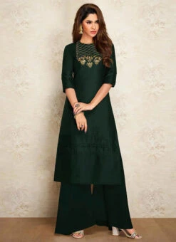 Green Art Silk Kurta Palazzo Set Work Wear -Indo Clothing Shop Green Art Silk Kurta Palazzo Set KRSDMF1064TBEBG u