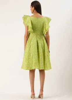 Green Blended Cotton Foil Printed Ruffled Dress After Six Wear Festive Wear -Indo Clothing Shop Green Blended Cotton Foil Printed Ruffled Dress DRBS02205991 b 1