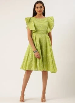 Green Blended Cotton Foil Printed Ruffled Dress After Six Wear Festive Wear -Indo Clothing Shop Green Blended Cotton Foil Printed Ruffled Dress DRBS02205991 u 1