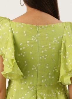 Green Blended Cotton Foil Printed Ruffled Dress After Six Wear Festive Wear -Indo Clothing Shop Green Blended Cotton Foil Printed Ruffled Dress DRBS02205991 rrc2 1