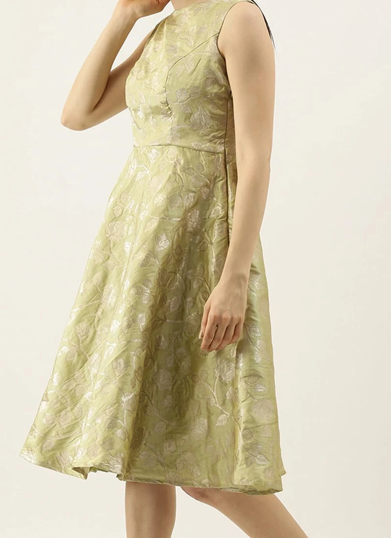 Green Brocade Boat Neck Flared Dress Wedding Wear 1 Green Brocade Boat Neck Flared Dress Wedding Wear