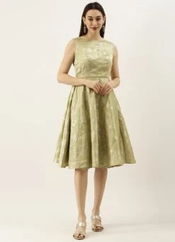 Green Brocade Boat Neck Flared Dress Wedding Wear 10 Green Brocade Boat Neck Flared Dress Wedding Wear -Indo Clothing Shop Green Brocade Boat Neck Flared Dress DRBS02105388 u