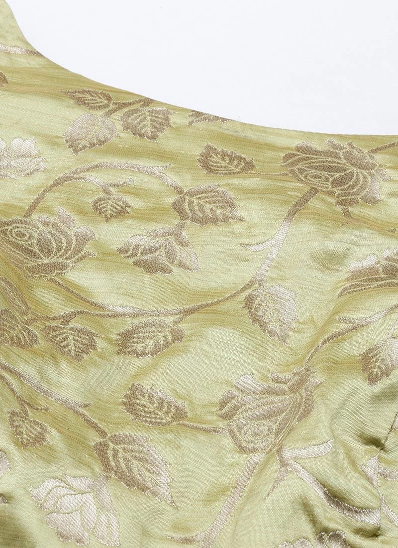 Green Brocade Boat Neck Flared Dress Wedding Wear 5 Green Brocade Boat Neck Flared Dress Wedding Wear - Image 5