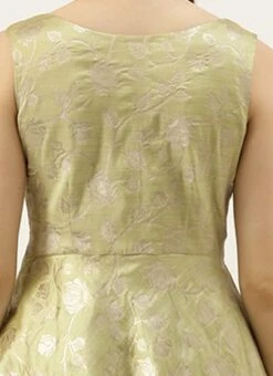 Green Brocade Boat Neck Flared Dress Wedding Wear -Indo Clothing Shop Green Brocade Boat Neck Flared Dress DRBS02105388 rrc2