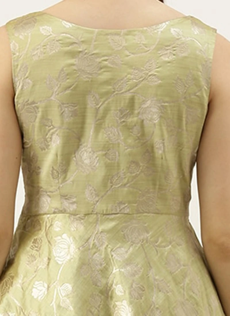 Green Brocade Boat Neck Flared Dress Wedding Wear 6 Green Brocade Boat Neck Flared Dress Wedding Wear - Image 6