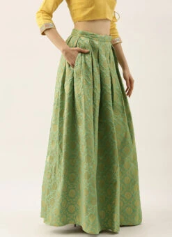 Green Brocade Box Pleated Skirt Festive Wear