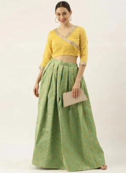 Green Brocade Box Pleated Skirt Festive Wear -Indo Clothing Shop Green Brocade Box Pleated Skirt WBBS02012680 u
