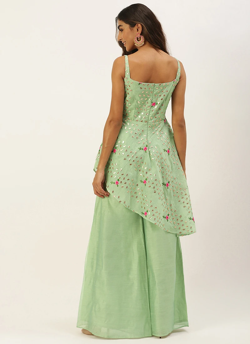 Green Chanderi Embroidered Jumpsuit Festive Wear Party Wear 4 Green Chanderi Embroidered Jumpsuit Festive Wear Party Wear - Image 4