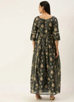 Green Chanderi Printed Floral Maxi Dress Festive Wear 11 Green Chanderi Printed Floral Maxi Dress Festive Wear -Indo Clothing Shop Green Chanderi Printed Floral Maxi Dress DRBS02111084 b