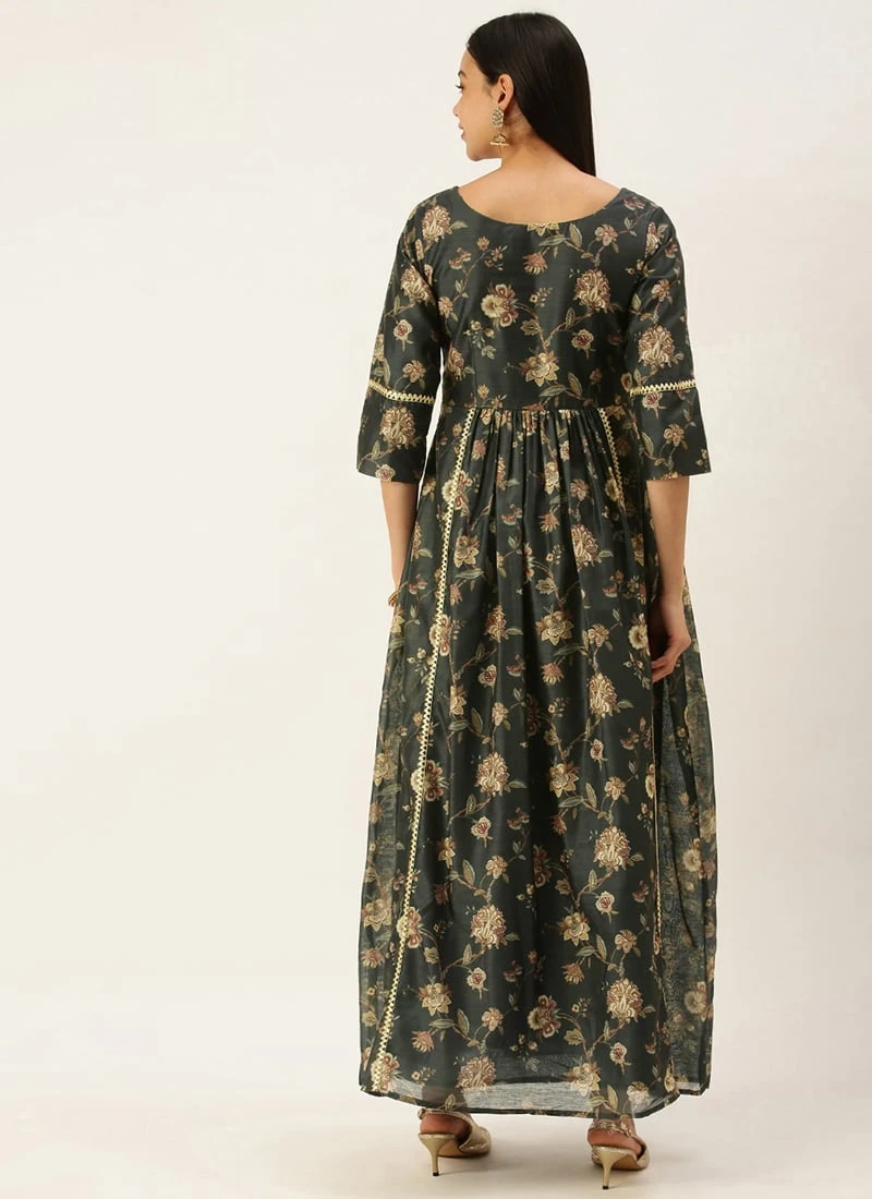 Green Chanderi Printed Floral Maxi Dress Festive Wear 4 Green Chanderi Printed Floral Maxi Dress Festive Wear - Image 4