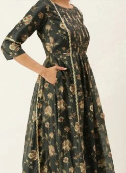 Green Chanderi Printed Floral Maxi Dress Festive Wear