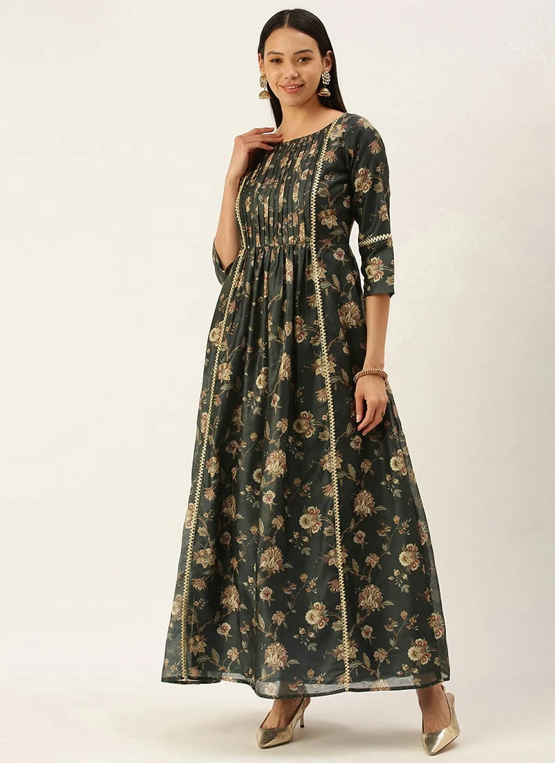 Green Chanderi Printed Floral Maxi Dress Festive Wear 3 Green Chanderi Printed Floral Maxi Dress Festive Wear - Image 3