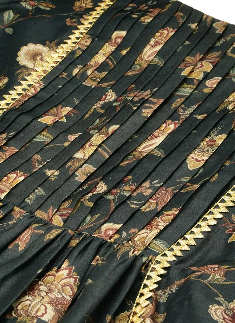 Green Chanderi Printed Floral Maxi Dress Festive Wear 5 Green Chanderi Printed Floral Maxi Dress Festive Wear - Image 5