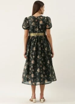 Green Chanderi Silk Puff Sleeve Dress After Six Wear -Indo Clothing Shop Green Chanderi Silk Puff Sleeve Dress DRBS02201263 b